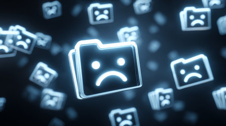 Sad face folders represent lost data flying in digital spaceの素材