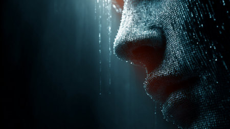 Binary code forming a face in a futuristic digital environmentの素材