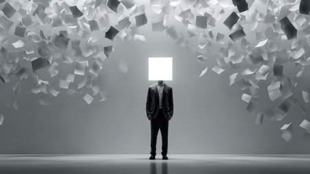 Businessman with glowing square head standing amidst flying papersの素材