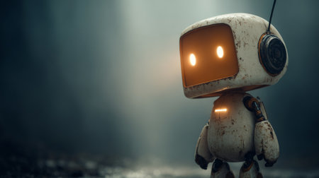 Small vintage robot exploring dark environment with glowing eyesの素材