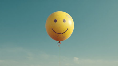 Yellow smiley face balloon floating in a clear blue skyの素材