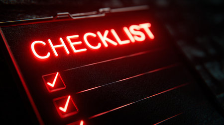 Checklist showing check marks in red neon light on dark backgroundの素材