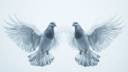 Two white doves flying with spread wings on light blue sky backgroundの素材