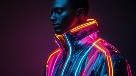 Stylish model wearing futuristic neon-lit jacket in cyberpunk photoshootの素材