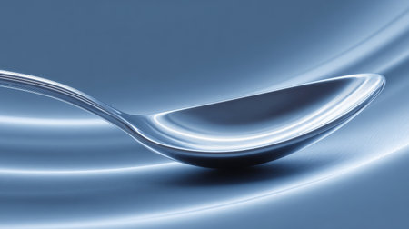 Shiny spoon resting on a wavy blue surfaceの素材