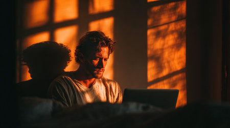 Focused freelancer working on laptop in warm sunset lightの素材