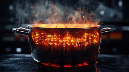 Binary code boiling in a saucepan: cooking data in the digital kitchenの素材