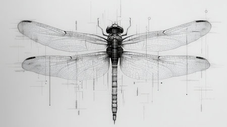 Dragonfly showing its delicate wings and body structure with lines and dotsの素材
