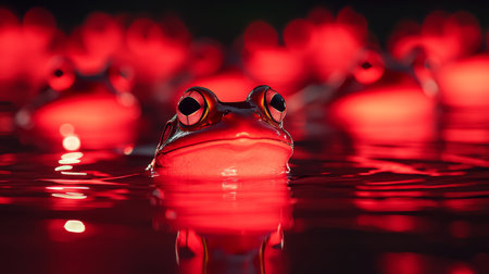 Frog emerging from red water with other frogs in backgroundの素材
