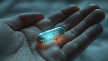 Hand holding glowing medical pill, future medicine conceptの素材