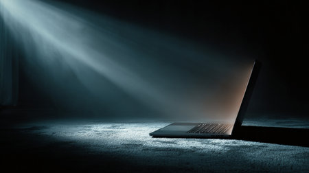 Laptop emitting light beam in dark room creating dramatic atmosphereの素材