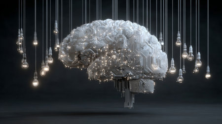 Artificial intelligence brain illuminated by hanging light bulbs symbolizing ideasの素材