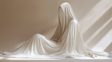 Ghostly figure sitting covered in white cloth with light raysの素材
