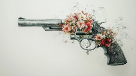 Revolver shooting flowers symbolizing peace and hopeの素材