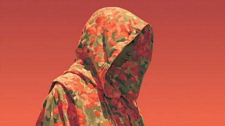 Person wearing floral camouflage hoodie against red backgroundの素材
