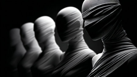 Group of people with covered faces symbolizing censorship and lack of freedomの素材