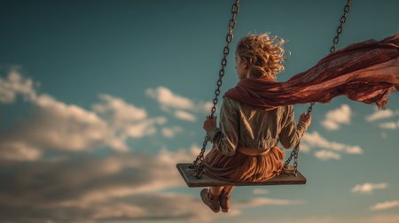Young bohemian woman swinging high with flowing scarf in cloudy skyの素材