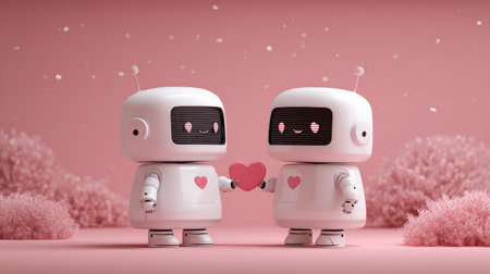 Two cute robots holding a heart are exchanging love in a romantic sceneryの素材