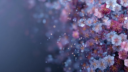 Blooming purple and blue flowers creating stunning floral backgroundの素材