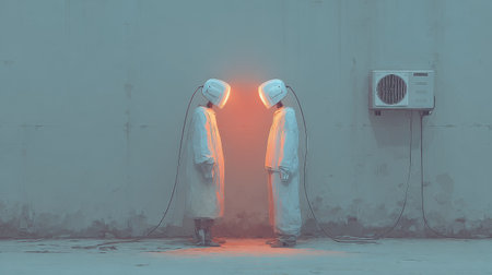 Two scientists wearing protective suits and lamps meeting in front of a wallの素材