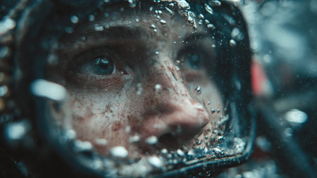 Astronaut is performing a spacewalk, air bubbles rising on his helmet visorの素材
