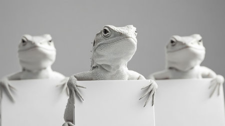 Three white lizards holding blank signs on gray backgroundの素材