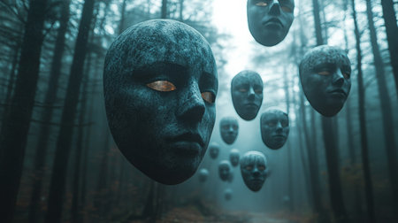Stone masks floating in a misty forest conveying mystery and fearの素材