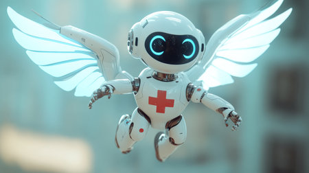Medical robot angel flying with glowing wings delivering healthcareの素材