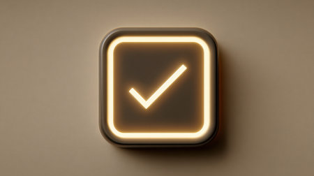 Glowing check mark symbol in rounded square on brown backgroundの素材