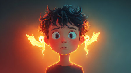 Child listening to glowing fairies whispering secrets and magicの素材