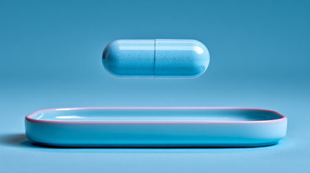 Blue pill floating over empty medical tray on blue backgroundの素材