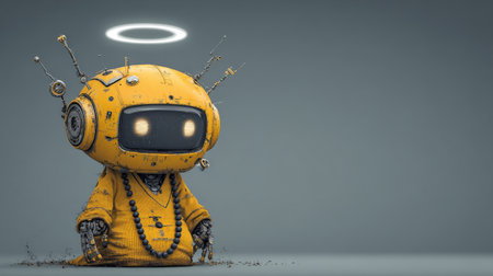 Little yellow robot monk meditating with halo, artificial intelligence conceptの素材