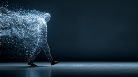 Digital human walking and transforming into particles in a dark roomの素材