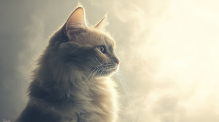 Fluffy cat staring into bright sunlight with hope and serenityの素材