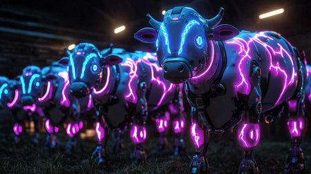 Herd of futuristic neon-lit robot cows standing in dark barnの素材