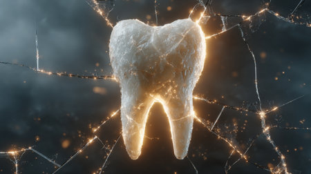 Sparkling white tooth breaking through glass in dramatic lightingの素材