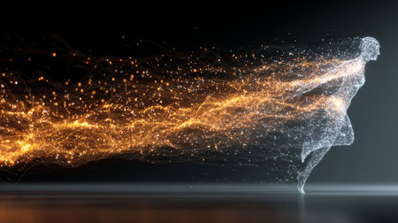 Digital human running and transforming into golden particles streamの素材