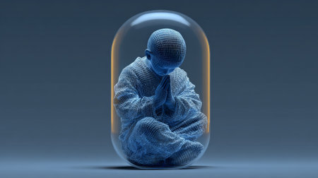 Wireframe monk meditating inside a glass capsule: spirituality and technologyの素材