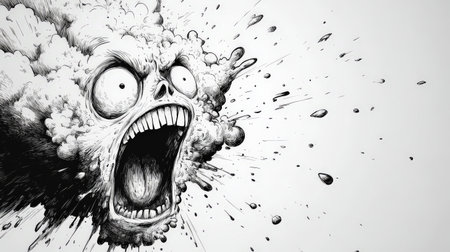Screaming monster head exploding with smoke and ink splatterの素材