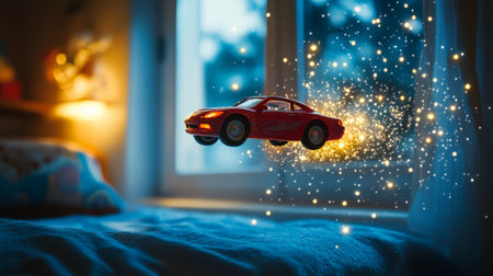 Red toy car flying in a childs bedroom with magic sparks coming out of the exhaust pipeの素材