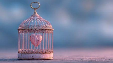 Pink heart locked in ornate birdcage symbolizing lost loveの素材