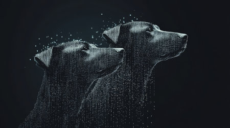 Two dogs emerging from technological particles on dark backgroundの素材