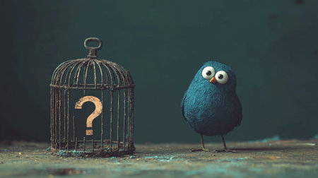 Blue bird looking at question mark inside old cageの素材