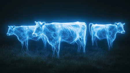 Three glowing electric cows grazing in pasture at nightの素材