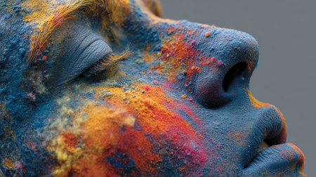 Model relaxing with colorful powder covering face and eyes closedの素材