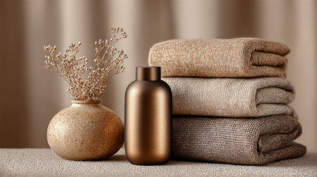 Warm knitted clothes, copper container, and dried flowers creating cozy autumn still lifeの素材