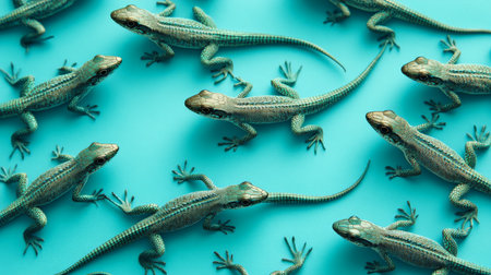 Many turquoise lizards posing on a light blue backgroundの素材