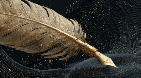 Golden feather pen writing on black wavy background with gold particlesの素材