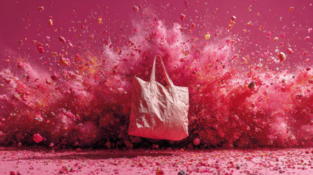 Reusable shopping bag emerging from a colorful explosion of recycled materialsの素材