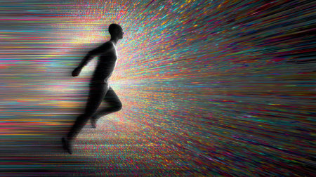 Bald man running into colorful data stream and entering metaverseの素材